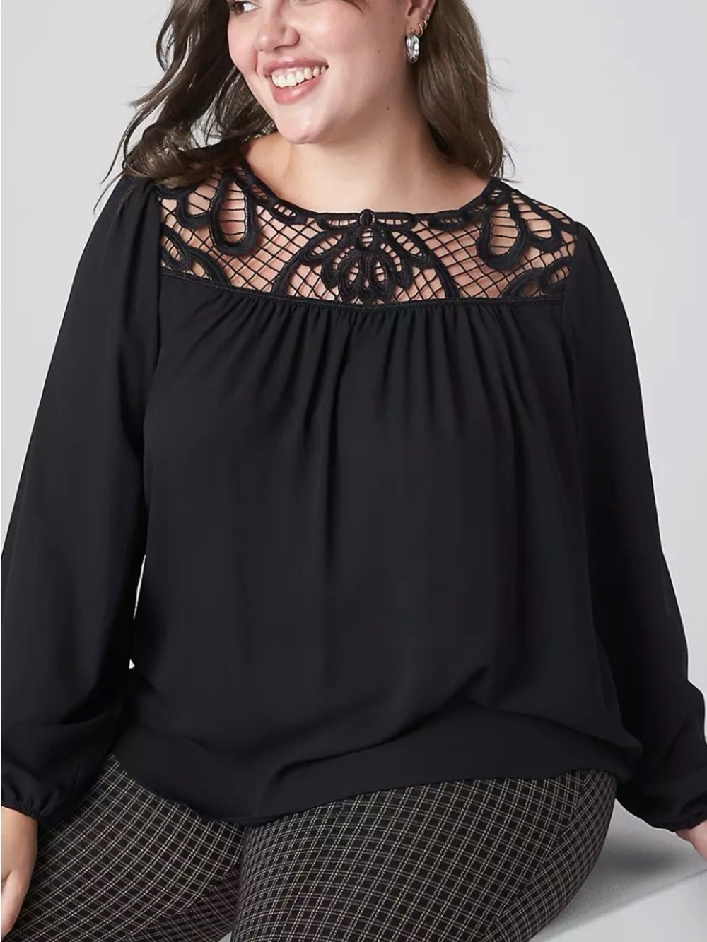 Lane Bryant Black Long-Sleeve Top with Lace Yoke